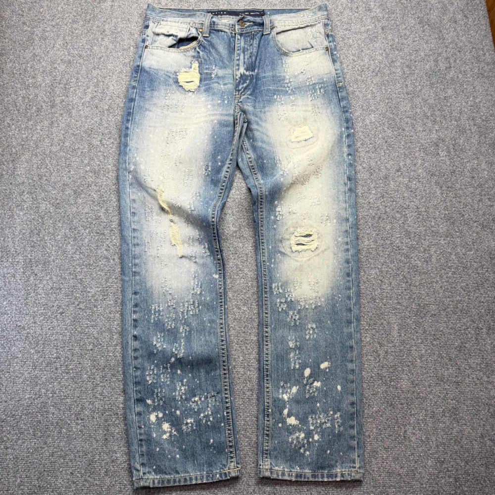 Parish Nation Mens Distressed Paint Splatter Blue Straight Leg Jeans Size 34